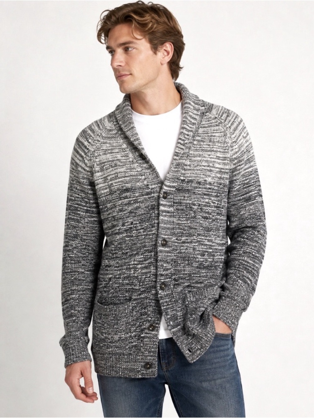American eagle men’s marled gray ombre cardigan prep fit sweater size medium
